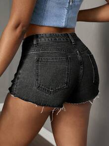 Slaydiva Women Light Grey Distressed Denim Bermuda Shorts Casual Plain Zipper Design Short - Light Grey - View 3