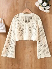 Girls Solid Hollow V-Neck Cardigan, Spring/Summer Fall Winter - Apricot - View 2