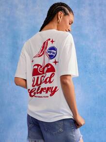 PEPSI X SHEIN 女款白色圆领短袖字母樱桃印花T恤 - 白色 - 查看 5