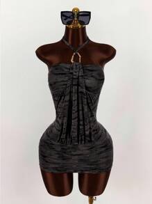 Amplova Vintage Wild Street Runway Tiger Print Halter Bodycon Mini Dress, Summer Black Bodycon Mini Dress