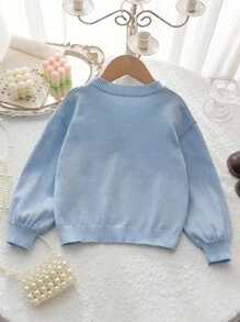SHEIN Girls White Solid Fashionable Casual Minimalist Cute Star Embroidery Cardigan Sweater & Shorts 2-Piece Set, Comfortable, Suitable For Home, Outings, And School, Autumn/Winter Star Sweater For Girls Girls Winter Sweater Fall - Blue - View 2