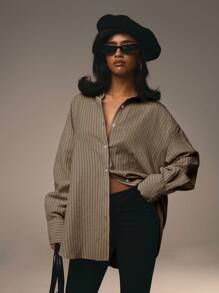 Athîral 女士前扣领长袖粉色条纹简约衬衫情人节款 - 棕色 - 查看 2