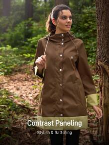 In My Nature 女士户外雨衣长袖单排扣抽绳连帽夹克女式防雨外套防水夹克女式保暖加厚外套 - 棕色 - 查看 3