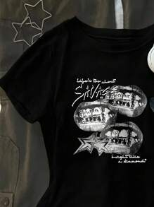 Sparklyn 适合青少年女孩的宽松图案T恤，适合夏季 - 黑色 - 查看 3