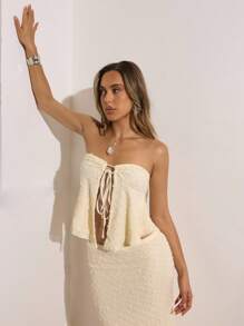 Opulessa Damen einfarbiges Crop Tube Top mit V-Ausschnitt und Vorderbindung, ideal für Urlaub und Sommer - Violett - Übersicht 3