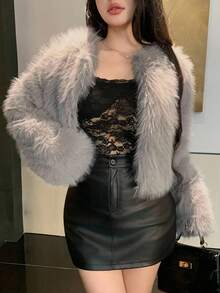 DAZY 女士时尚优雅仿皮草前开短款秋冬外套 - 灰色 - 查看 4