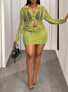 Slaydiva 2025 New Summer Beach, Music Festival, Easter 2Pcs Set For Plus Size Women, Sexy Hollow-Out Long Sleeve Knit Top & Skirt Set - Green - View 6