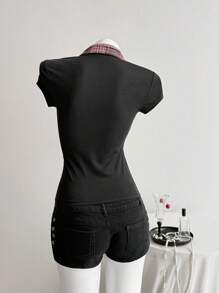 Elamini 女士休闲复古格子拼布衬衫领短袖T恤