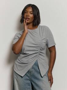 MUSERA 加大码不对称褶皱镂空上衣可爱夏日优雅浪漫假期曲线集体