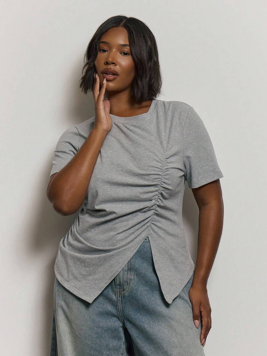 MUSERA 加大码不对称褶皱镂空上衣可爱夏日优雅浪漫假期曲线集体