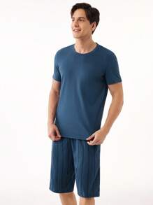 Manfinity Men Solid Tee & Striped Print Shorts PJ Set / Pajama Set