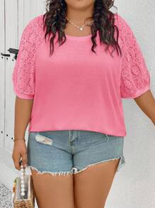 SHEIN CURVE+ Curve 大码/秋装/秋季女装/女士冬装/冬装大码女式上衣，不同材质拼接，白色 T 恤 - 粉色 - 查看 6