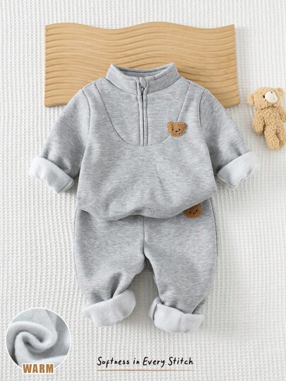 Cozy Pixies Baby Boy Cartoon Bear Print Knit Soft Crew Neck Long Sleeve Sweatshirt & Elastic Waist Ankle Length Pants 2 Pieces Set