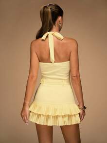 SHEIN BAE 女士夏季时尚纯色带扣腰带打结吊带上衣和多层褶边迷你裙套装 - 黃色 - 查看 2