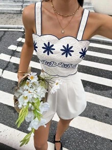 Serisse Combinaison femme à bordure de coquillage brodée de fleurs pour vacances d'été