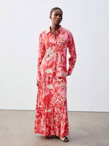 Maija 女式紫红色和淡黄色花卉植物印花半身裙（配腰带），春夏波西米亚风别致宽松 A 字形荷叶边下摆设计，舒适度假/节日、乡村音乐节、伊比沙岛，百搭百搭穿着 - 西瓜粉 - 查看 7