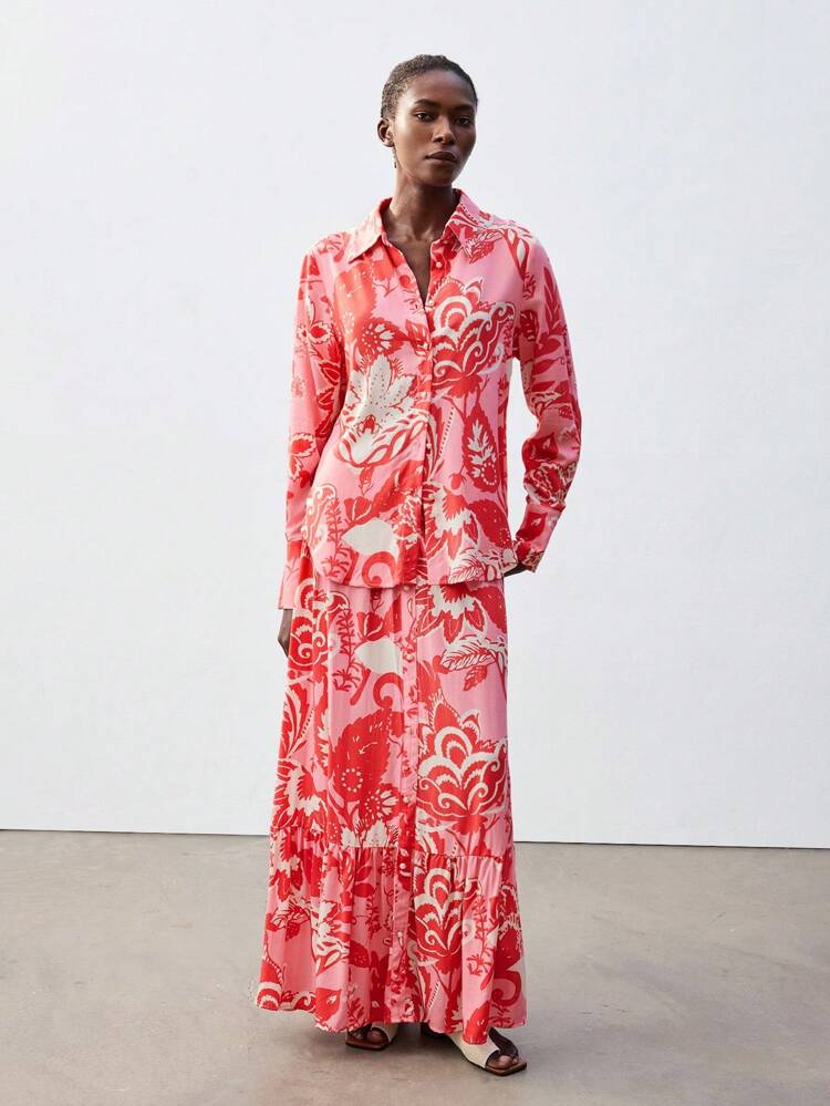 SHEIN Maija Women's Fuchsia And Pale Yellow Floral & Botanical Print Skirt With Belt, Spring/Summer Bohemian Chic Loose A-Line Ruffle Hem Design, Comfortable Vacation/Holiday, Country Music Festival, Ibiza, All-Match Versatile Wear All-Match Summer Clothing For All Seasons, Modern Holiday Fashion Design, Comfortable Beach Beach Clothing, Bohemian Style, Isabi Island Holiday Wear, Summer Dopamine Holiday Wear, Ins Same Style Holiday Style, Exotic Atmosphere, Country Concert, Western Style Clothing