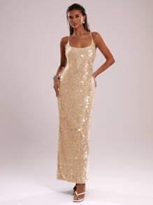 SHEIN BAE Mùa hè gợi cảm tuyệt đẹp màu xanh bạc hà sequins Boho bãi biển trang phục đi nghỉ hòa nhạc cho phụ nữ váy cổ yếm mùa hè, trang phục mùa hè cho phụ nữ, trang phục câu lạc bộ phụ nữ gợi cảm, váy đi nghỉ lấp lánh, váy dự tiệc - Màu be - Xem 3