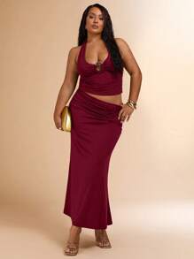 SHEIN BAE Ensemble deux pièces grande taille de femme : top court texturé en maille à fleurs 3D blanc à encolure ras-du-cou et jupe crayon transparente à taille nouée. Tenue de vacances, pour la Saint-Valentin, demoiselle d'honneur, tenue blanche, ensemble de remise des diplômes/rentrée scolaire - Rouge foncé - Voir 1