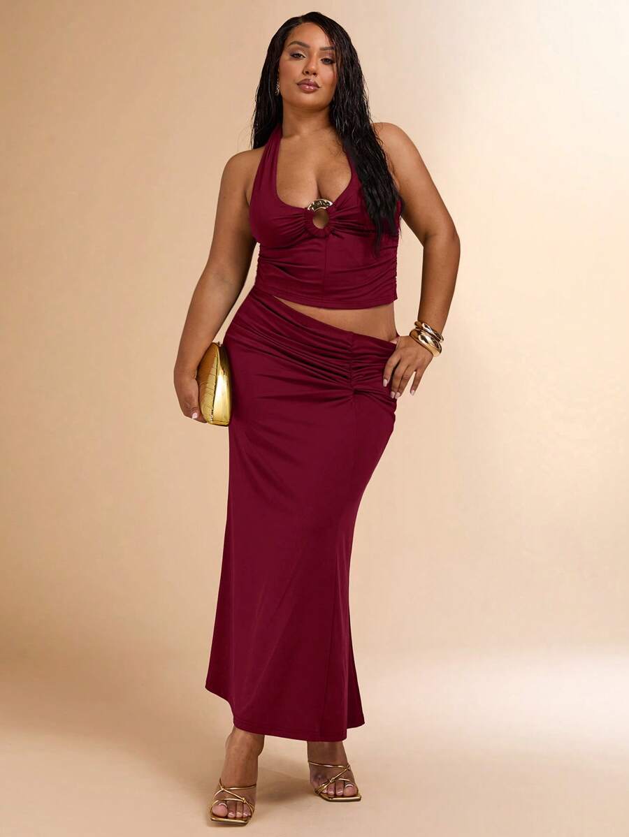SHEIN BAE Ensemble deux pièces grande taille de femme : top court texturé en maille à fleurs 3D blanc à encolure ras-du-cou et jupe crayon transparente à taille nouée. Tenue de vacances, pour la Saint-Valentin, demoiselle d'honneur, tenue blanche, ensemble de remise des diplômes/rentrée scolaire - Rouge foncé - Voir 1