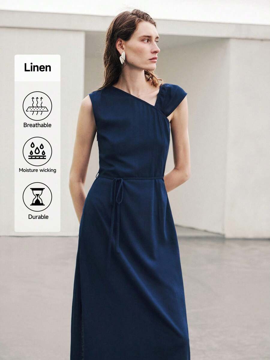 Uhlyne Vestido de verano de vacaciones en la playa para mujer, elegante y minimalista, adecuado para salidas, fiestas, bodas, ir al trabajo, de textura de algodón y lino azul marino, cintura con abertura y cordón, sin mangas, vestido de oficina, falda tipo A-line - Azul Marino - Ver 1