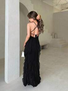 Jemour Spring/Summer Elegant Vacation Backless Multi-Layer Ruffled Plain Goddess Style Sleeveless Dress With Slimming And Heightening Effect,Ladies Elegant Sleeveless Spaghetti Strap Regular Fit Long Black Plain Bodycon Women Long Dresses,Spring/Summer,Party/Nightclub Outfits