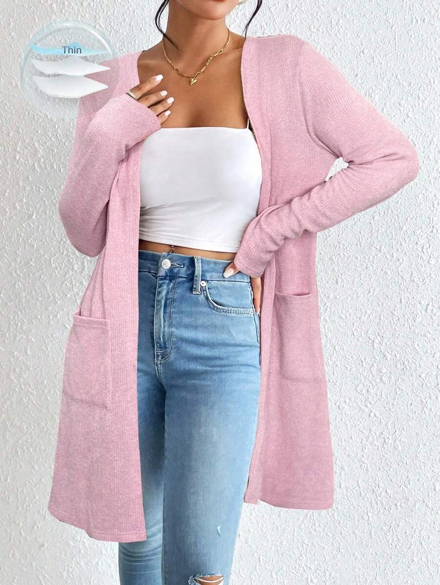 SHEIN Essnce Áo khoác cardigan dệt kim hở mặt trước, thanh lịch tối giản, hai túi dành cho nữ, áo khoác cardigan mùa hè dành cho nữ, trang phục mùa xuân dành cho nữ, áo khoác cardigan mỏng, áo khoác cardigan màu hồng, áo khoác cardigan nữ vào mùa thu/đông - Hồng - Xem 1