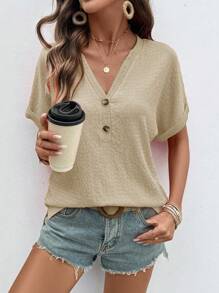 EMERY ROSE Women's Solid Color V-Neck Batwing Sleeve Button Design Casual T-Shirt, Summer - Khaki - View 4