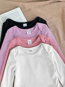 SHEIN LMoss Kids Bộ 4 bộ đồ liền thân dệt kim màu trơn dễ thương cho bé gái sơ sinh LMoss, bộ đồ liền thân dài tay mùa thu/đông cho bé - Nhiều màu - Xem 4