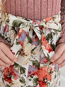 SHEIN Tween Girls Color Block Pink Floral Print Puff Sleeve Belted Dress - Pink - View 9