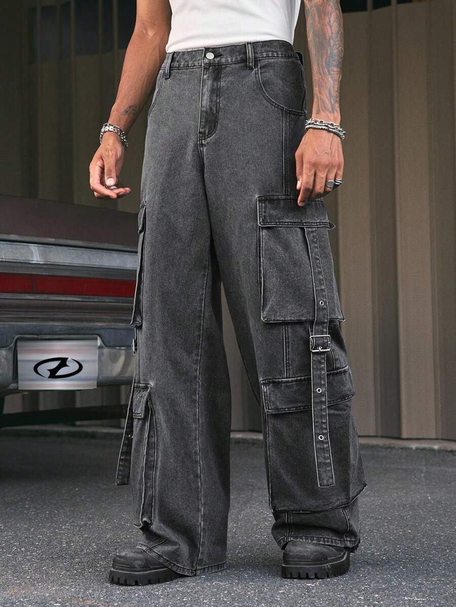 AXEPEAK 男士休闲街头水洗多口袋宽松牛仔工装裤 - 深灰色 - 查看 1