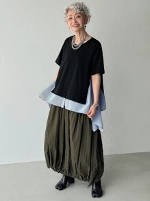 FRIFUL Women's Round Neck Patchwork Striped Asymmetric Hem Loose Casual Versatile Short Sleeve T-Shirt - Black - View 2
