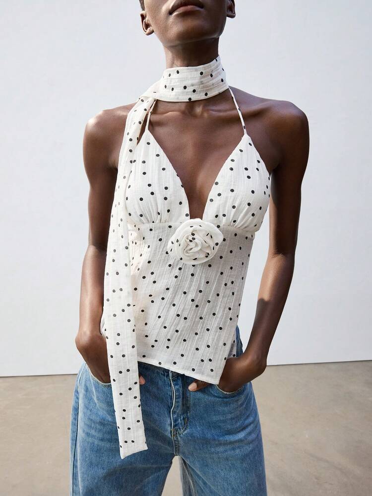SHEIN Maija Seksowny top bez rękawów w stylu vintage w groszki, z wiązaniem na szyi i ramiączkach, do pracy w mieście, na co dzień, do biura, na wakacje, na festiwal muzyki plażowej w stylu boho, jesień/zima