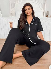 SHEIN Plus Size Front Button Contrast Trim Casual Top & Pants Loungewear Pajama Set, Outfits
