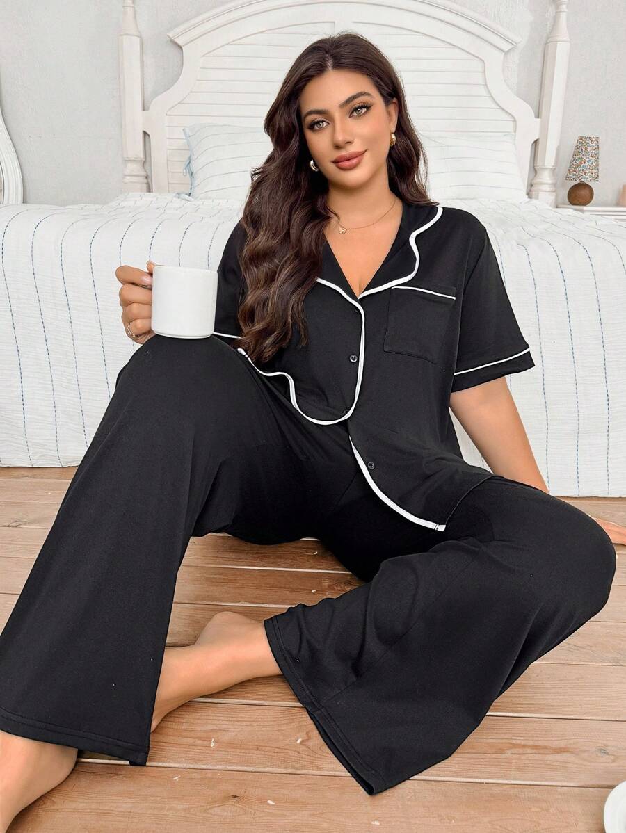 SHEIN Plus Size Front Button Contrast Trim Casual Top & Pants Loungewear Pajama Set, Outfits