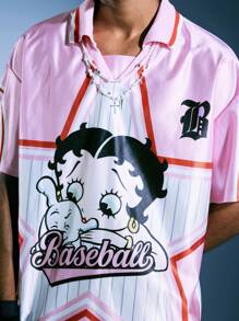 ROMWE MEN Betty Boop | ROMWE 男士夏季粉色卡通星星印花短袖 Polo 衫，2000 年代风格 - 粉色 - 查看 9