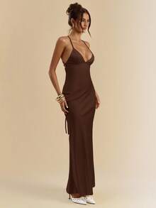 SHEIN BAE 长款缎面 V 领露背系带连衣裙，杏色/白色，优雅度假连衣裙，伴娘礼服，生日派对礼服，毕业礼服，春夏季 - 咖啡棕 - 查看 5