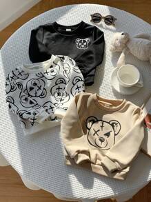 SHEIN 3pcs/Set Baby Boys Thermal Lined Sweatshirts, Cute Bear Pattern Crew Neck Long Sleeve Knit Tops, Comfortable Casual Versatile Outfit Set, Suitable For Indoor, Outdoor, Daily Wear, Sports, Play, Party Back To School, Streetwear, Tracksuit, Halloween, Spring/Summer/Autumn/Winter Fall
