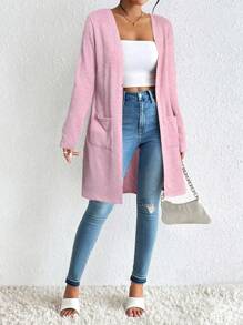 SHEIN Essnce Áo khoác cardigan dệt kim hở mặt trước, thanh lịch tối giản, hai túi dành cho nữ, áo khoác cardigan mùa hè dành cho nữ, trang phục mùa xuân dành cho nữ, áo khoác cardigan mỏng, áo khoác cardigan màu hồng, áo khoác cardigan nữ vào mùa thu/đông - Hồng - Xem 5