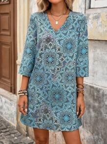 EMERY ROSE Vestido recto casual de mujer con cuello en V, estampado floral y manga 3/4 holgada - Celeste - Ver 6