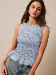 Poéselle 女士纯色荷叶边圆领优雅时尚吊带背心 - 藍色 - 查看 6