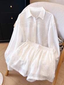 INAWLY 女士休闲纯色纹理衬衫和短裤两件套 - 白色 - 查看 1