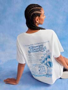 PEPSI X SHEIN 女式休闲标语图案圆领短袖T恤，夏季 - 白色 - 查看 3