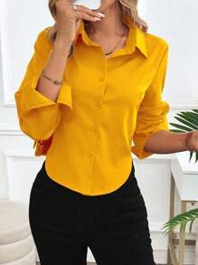 INAWLY Camisa casual de mujer con botones y borde curvo sólido