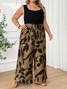 SHEIN CURVE+ 大码女式腰带印花拼布休闲连体裤，夏季波西米亚风度假夏季/乡村/海滩度假装/沙滩装/沙滩装 - 卡其色 - 查看 8