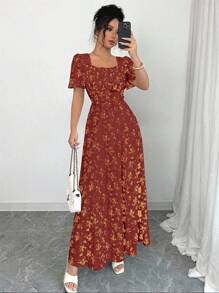 Elenzga 优雅度假休闲泡泡袖方领收腰修身长裙女装春夏 - 彩色 - 查看 7