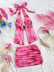 SHEIN x Eduarda Gutierrez Soleia Women's Bohemian Tie-Dye Floral Print Knit Mesh Halter Backless Tie Front Decorative 3D Flower Vest And Mini Ruched Skirt Set, Suitable For Party, Date, Afternoon Tea, Beach, Carnival, Summer Outfitting, Can Be Worn Inside Or Outside Pink Beach Outfit Pink Vacation Outfit Two Piece Beach Set Beach Skirt Set - Multicolor - View 6