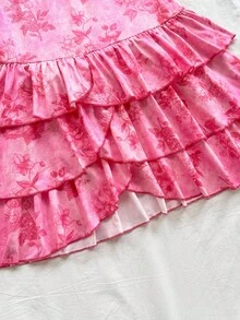 Soleia 女式复古紫红色花卉素描印花褶饰挂脖系带蝴蝶结层叠荷叶边下摆迷你连衣裙，适合度假、约会、下午茶、海滩、游轮、城市度假、音乐节、波西米亚风度假 - 粉色 - 查看 4