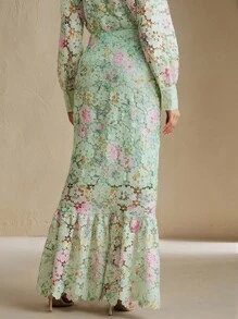 Anewsta 女士优雅花卉蕾丝镂空褶皱鱼尾下摆修身半身裙，夏季穿搭 - 綠色 - 查看 2