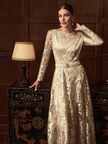 ZEYLAH EMBROIDERED FLORAL ELEGANT WAISTED DRESS - Champagne - View 7